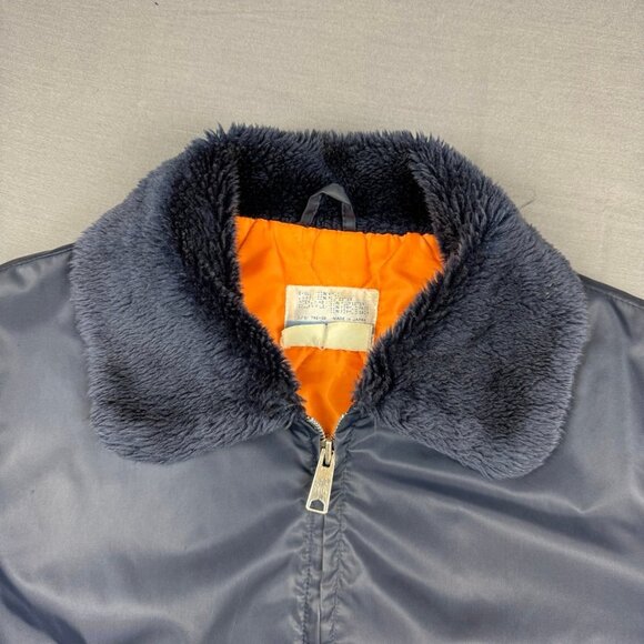 Vintage Sears Work Leisure 70s Fur Collar Bomber Flight Jacket Mens Large Blue - Picture 3 of 9